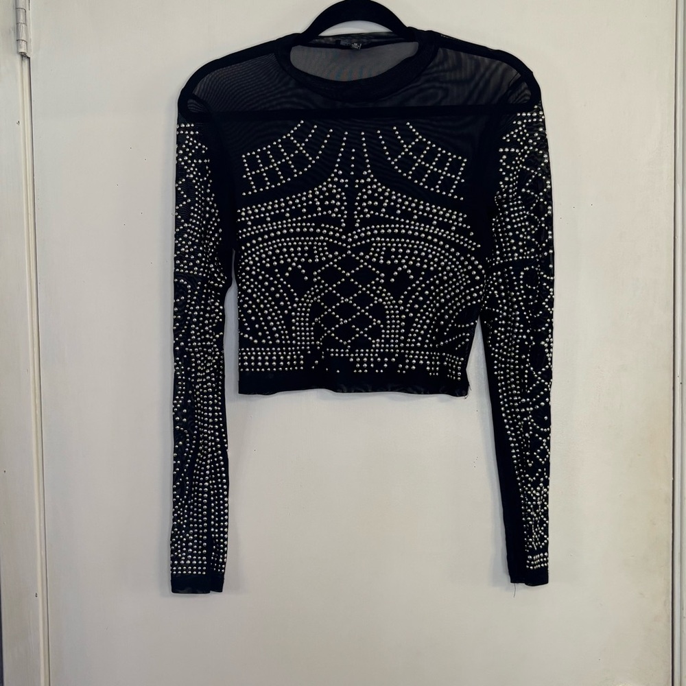 Julia by Love J Black Studded Mesh Long Sleeve Top Size Medium